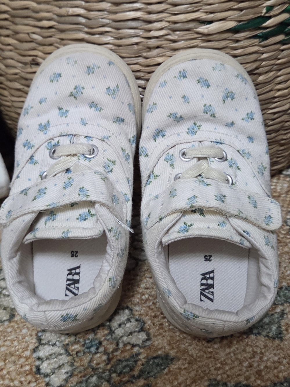 Zara Kids Cream Floral Canvas Shoes - Light Blue Accents